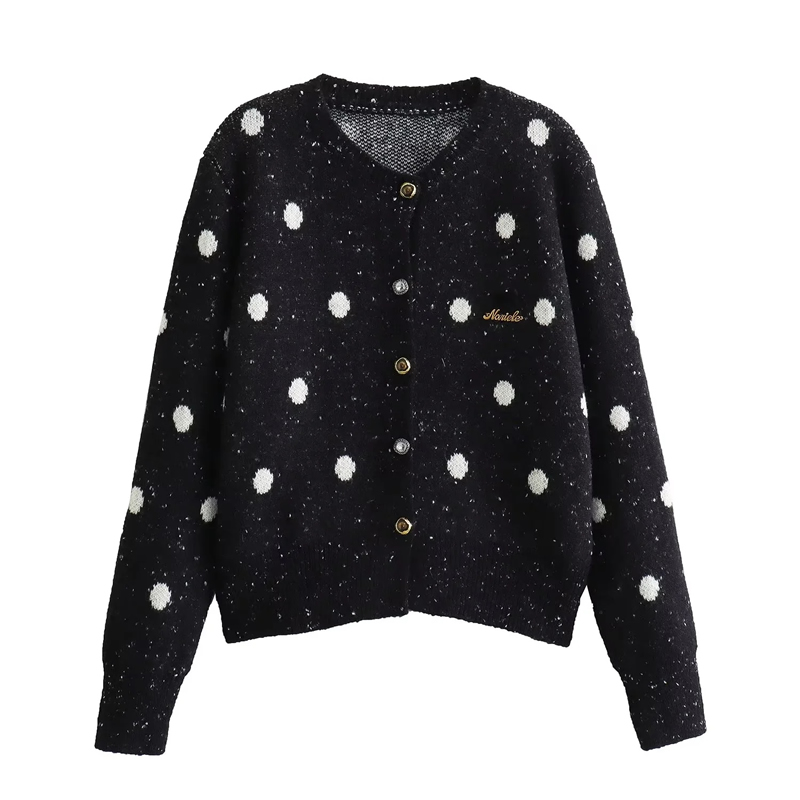 Fashion Red Polka Dot Jacquard Crew Neck Knitted Sweater Cardigan,Sweater