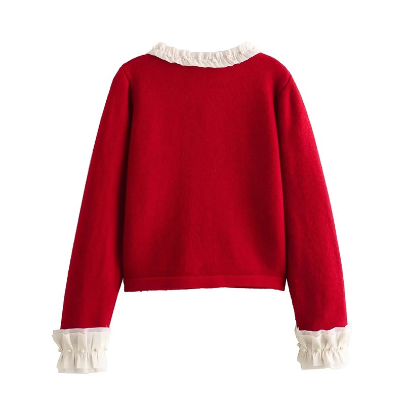 Fashion Red Lace Trim Knitted Sweater Cardigan,Coat-Jacket