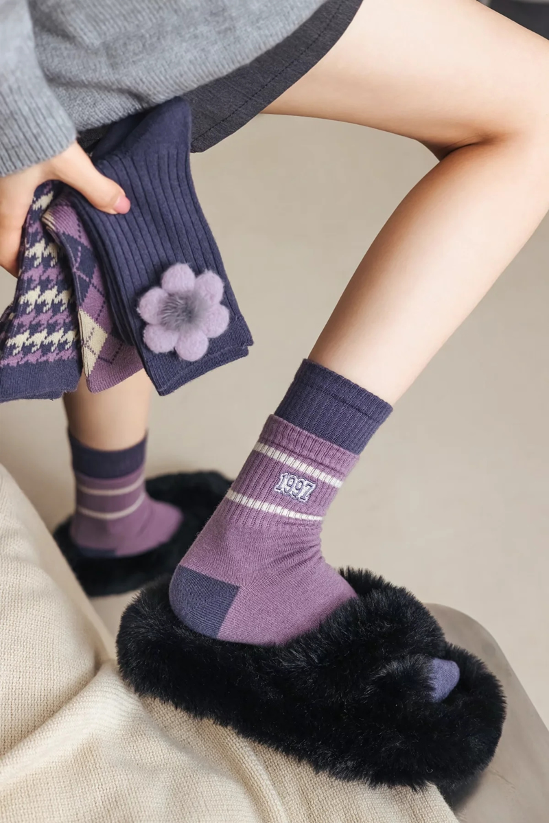Fashion Blue-purple Color Cotton Printed Mid-calf Socks,Fashion Socks