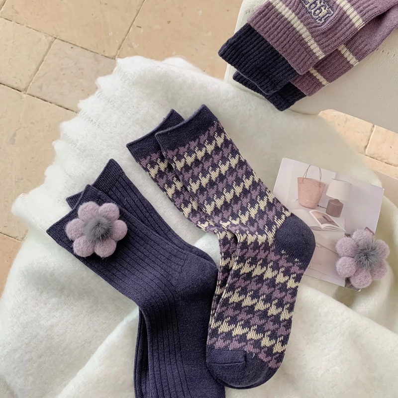 Fashion Blue-purple Color Cotton Printed Mid-calf Socks,Fashion Socks