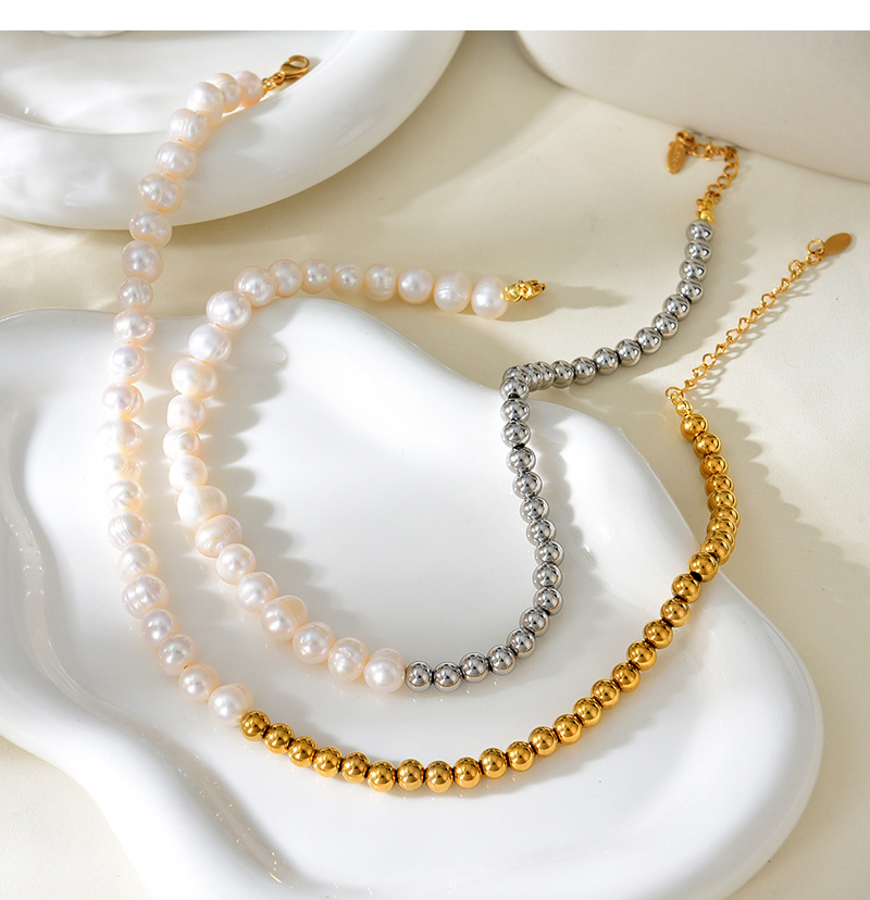 Fashion Gold Titanium Steel Pearl Bead Necklace (6mm),Necklaces
