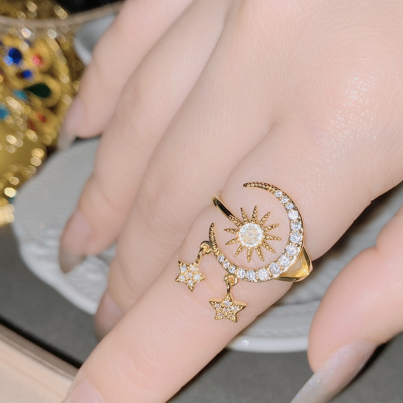 Fashion Ring 0507 Sun And Moon Copper Inlaid Zirconium Geometric Star And Moon Open Ring,Rings