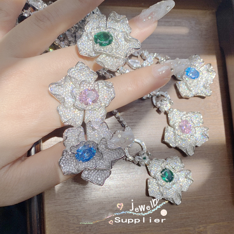 Fashion Light Luxury Pink Treasure Ring Metal Zirconium Flower Ring,Fashion Rings