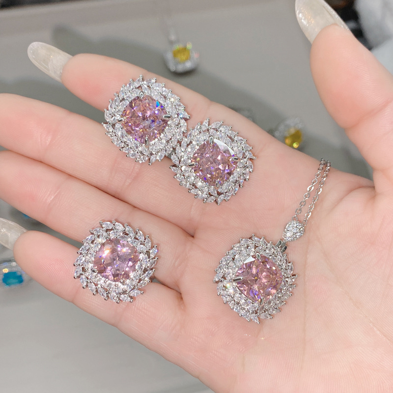 Fashion Rose Pink Silver Needle Earrings Copper Inlaid Zirconium Square Stud Earrings,Earrings