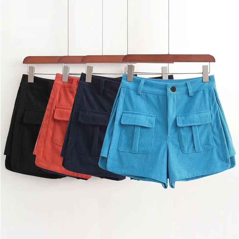 Fashion Navy Blue Corduroy Double-pocket Cargo Shorts,Shorts