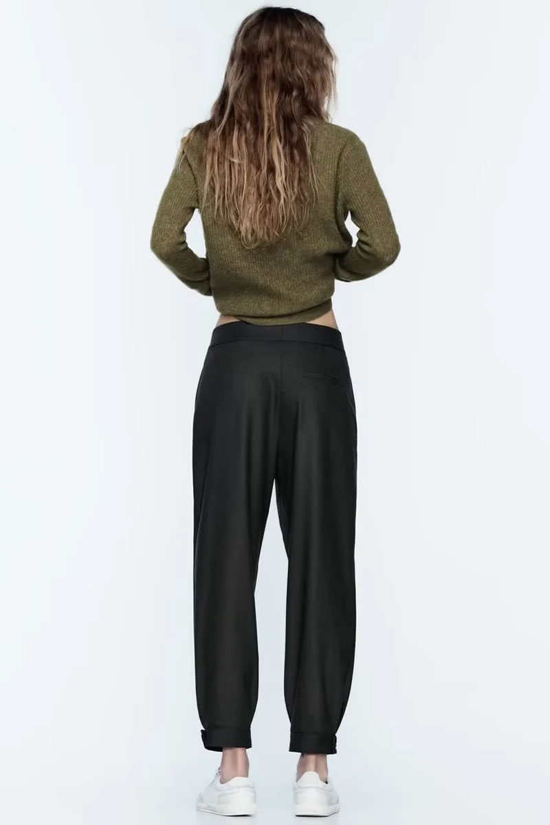 Fashion Black Polyester Cuffed Micro-pleated Trousers,Pants