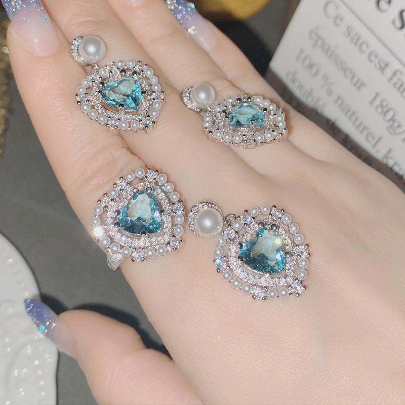 Fashion Ring 0423 Sea Blue Copper Diamond Love Pearl Ring,Rings