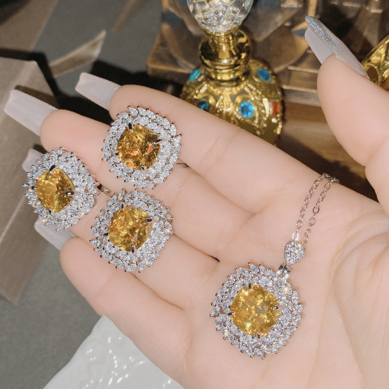 Fashion Yellow Diamond Earrings Copper Diamond Square Stud Earrings,Earrings