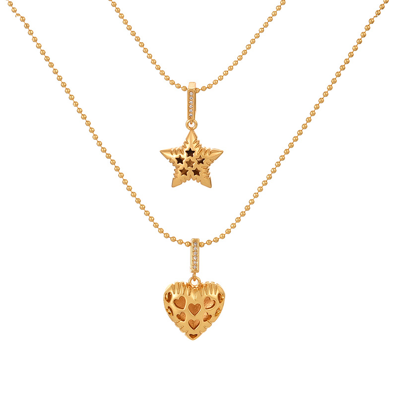 Fashion Golden 2 Copper Inlaid Zircon Hollow Five-pointed Star Pendant Beads Double-sided Necklace (single),Necklaces