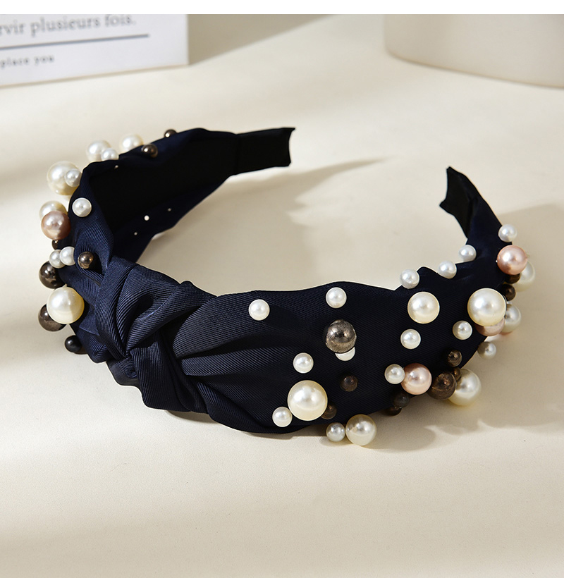 Fashion Navy Blue Fabric Pearl Knotted Wide-brimmed Headband,Head Band