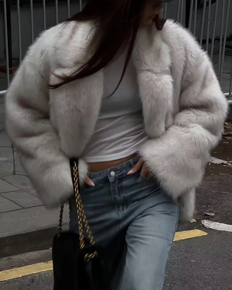 Fashion White Blended Plush Lapel Jacket,Coat-Jacket