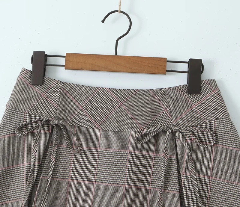Fashion Brown Polyester Checked Lace-up Skirt,Skirts