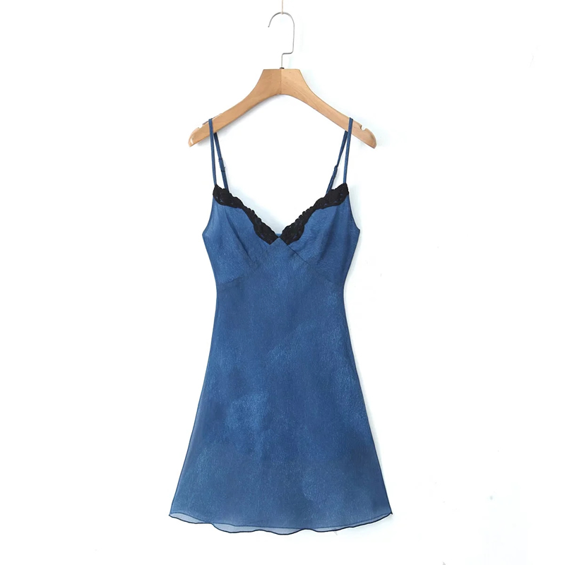 Fashion Blue Polyester Suspender V-neck Skirt,Mini & Short Dresses