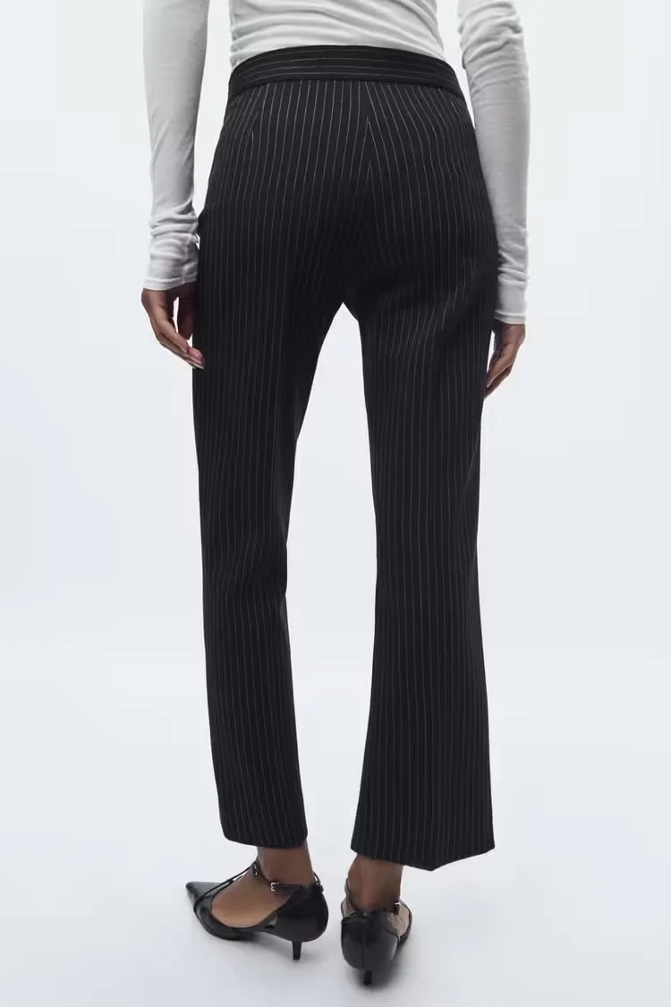 Fashion Black Polyester Striped Straight-leg Trousers,Pants