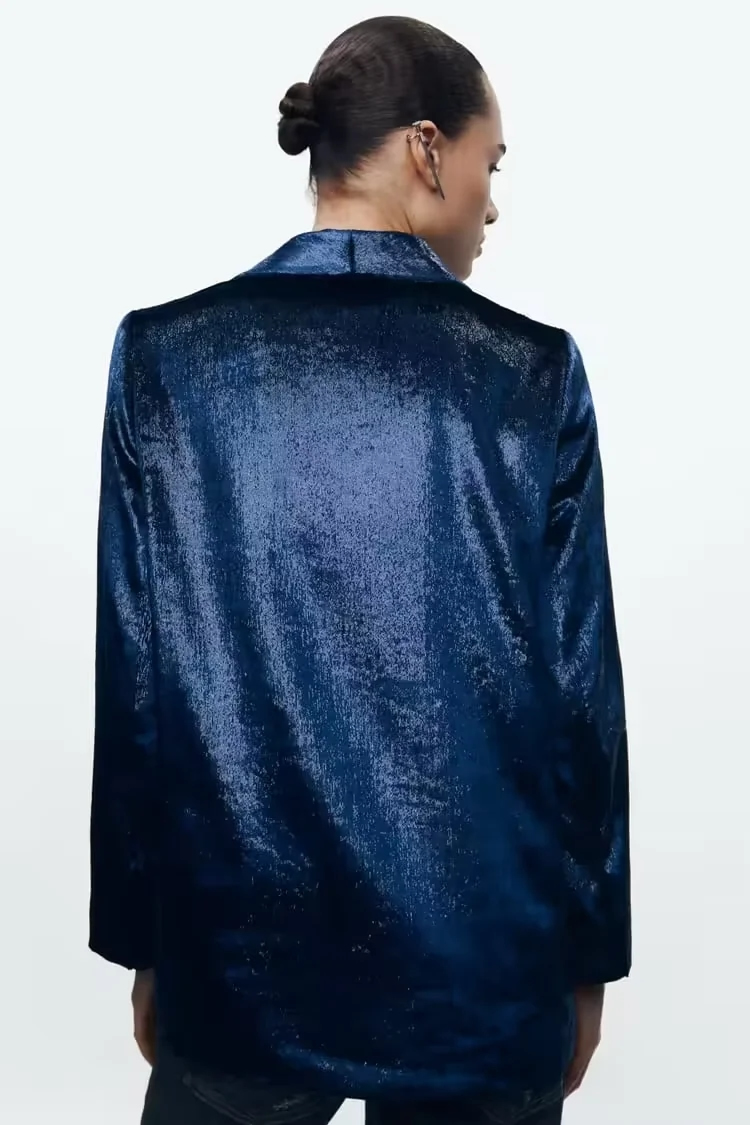 Fashion Blue Velvet Lapel Blazer With Pockets,Suits