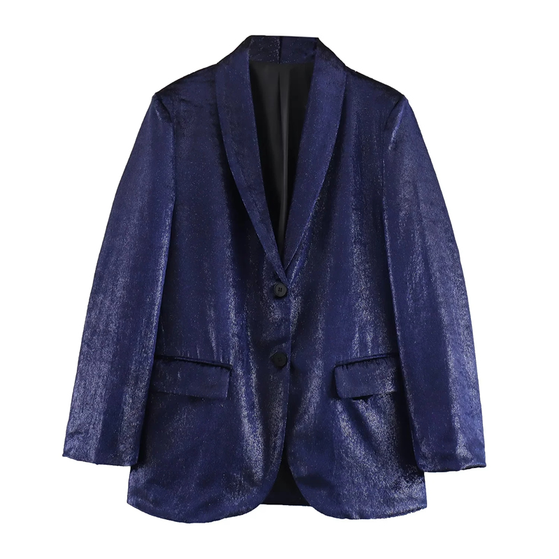 Fashion Blue Velvet Lapel Blazer With Pockets,Suits