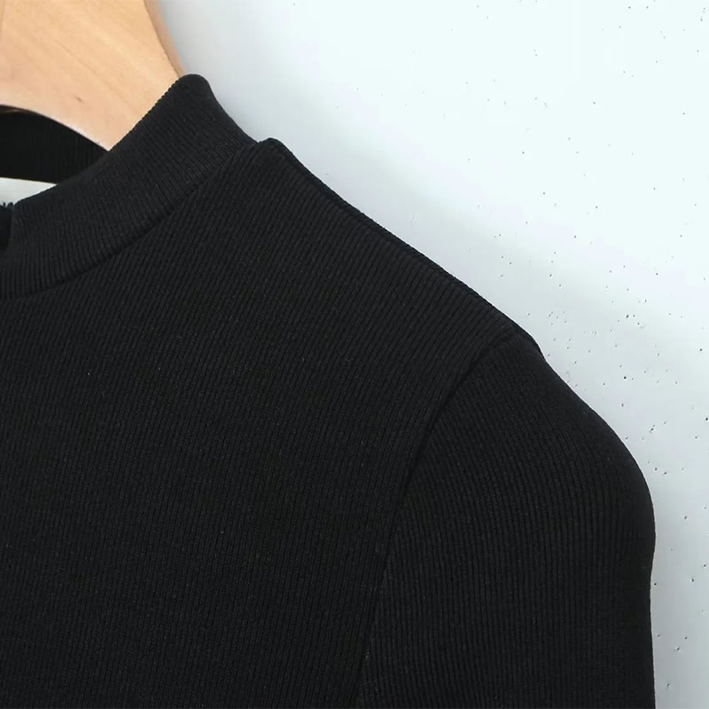 Fashion Black Knitted Crew Neck Zip-up Jumpsuit,T-shirts