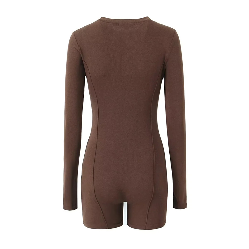 Fashion Brown Knitted Crew Neck Zip-up Jumpsuit,T-shirts