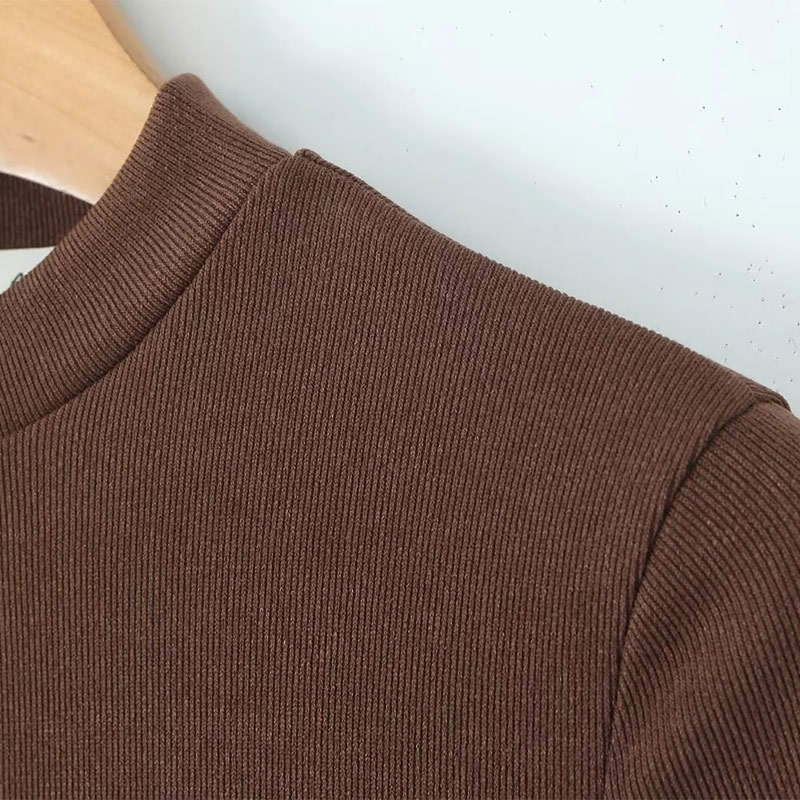 Fashion Brown Knitted Crew Neck Zip-up Jumpsuit,T-shirts