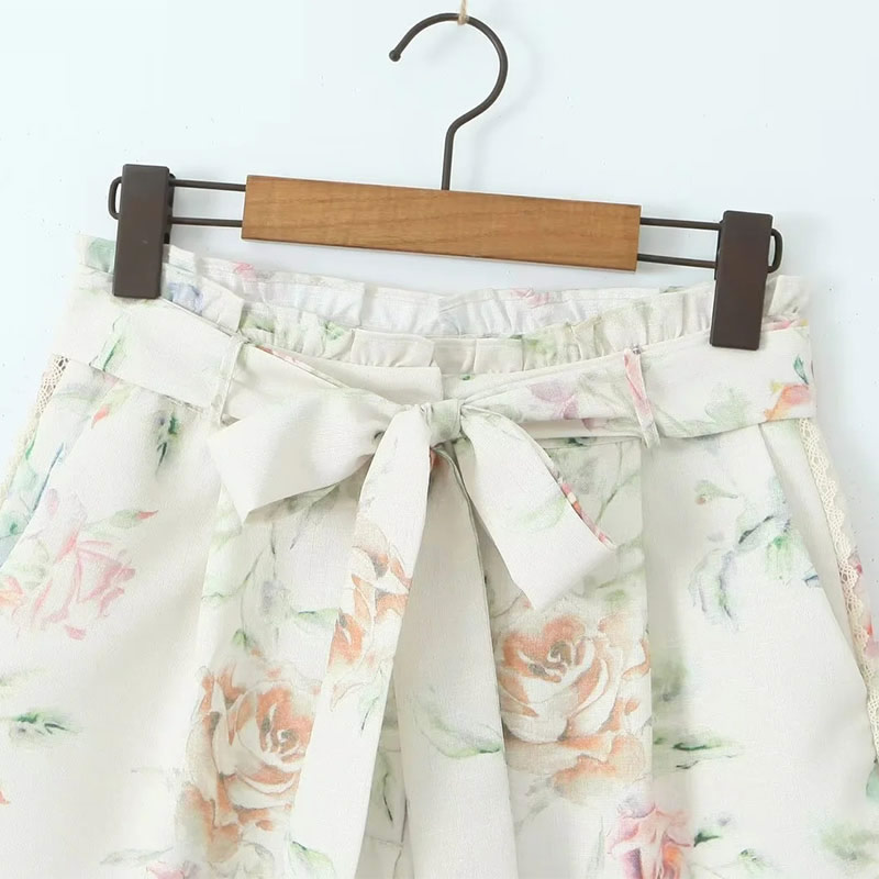 Fashion White Polyester Printed Lace-up Shorts,Shorts