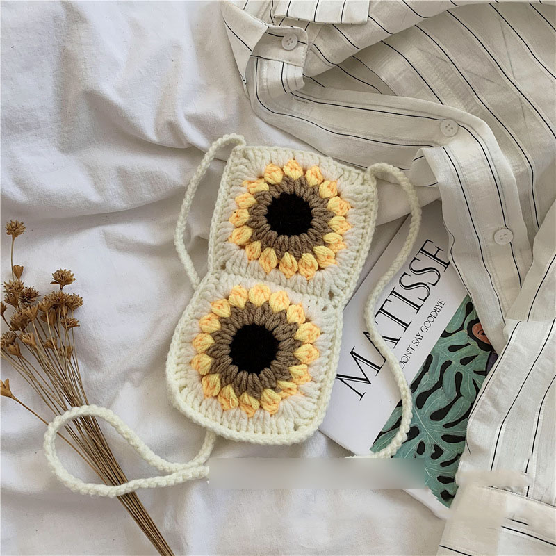 Fashion Small Material Package + Free Teaching Video Wool Crochet Sunflower Crossbody Bag Material Bag,Shoulder bags