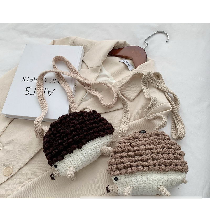 Fashion Brown Hedgehog Material Pack + Free Tool Kit Wool Crochet Large Capacity Crossbody Bag Material Bag,Shoulder bags