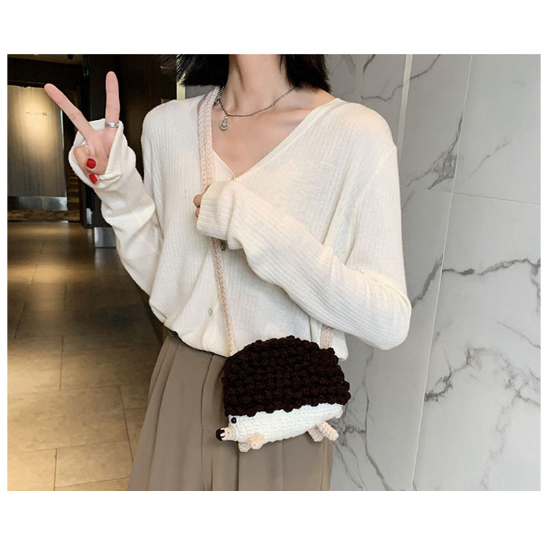 Fashion Brown Hedgehog Material Pack + Free Tool Kit Wool Crochet Large Capacity Crossbody Bag Material Bag,Shoulder bags
