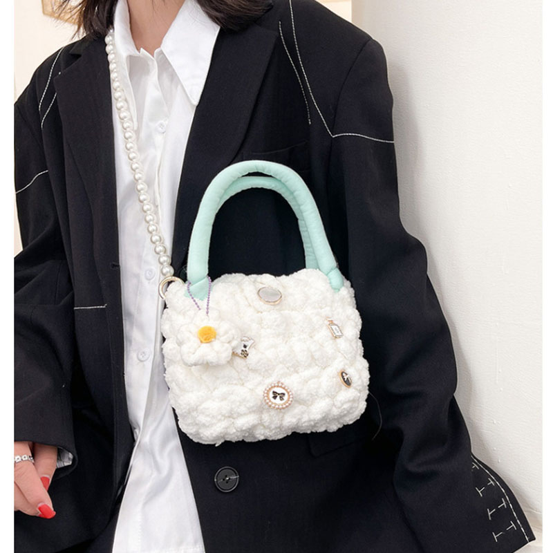 Fashion Gray Handbag + Pearl Chain Woven Wool Pleated Pearl Beaded Crossbody Bag,Shoulder bags