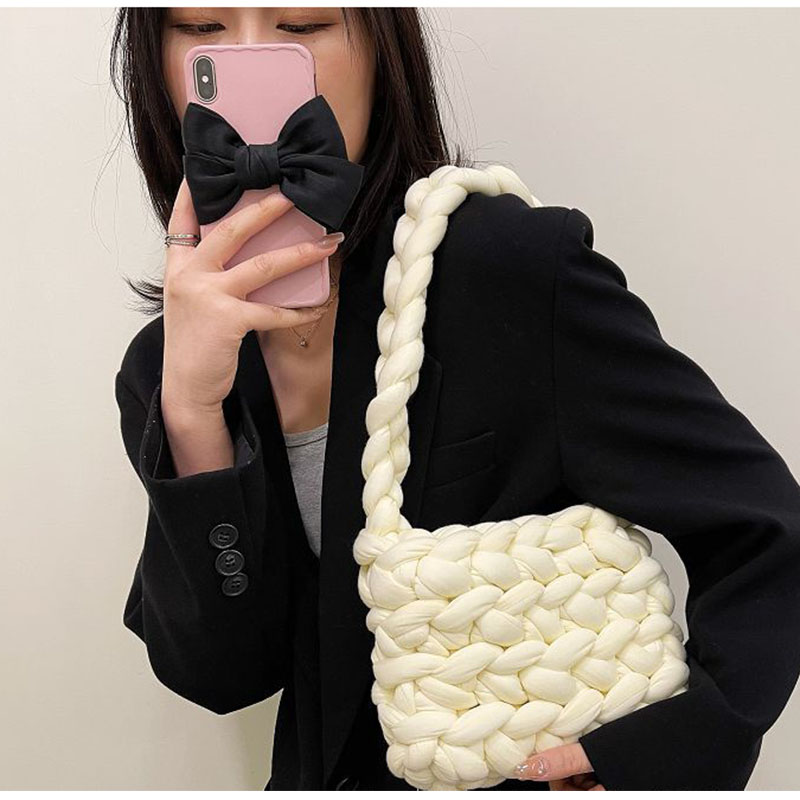 Fashion Medium Package - Pure White Wool Knitted Large-capacity Crossbody Bag Material Bag,Shoulder bags