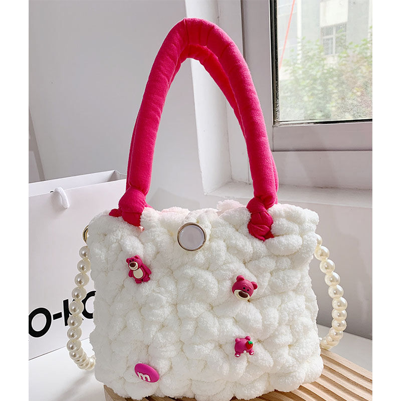 Fashion Jade Cinnamon Dog Handbag + Pearl Chain Woolen Three-dimensional Cartoon Large-capacity Crossbody Bag,Shoulder bags