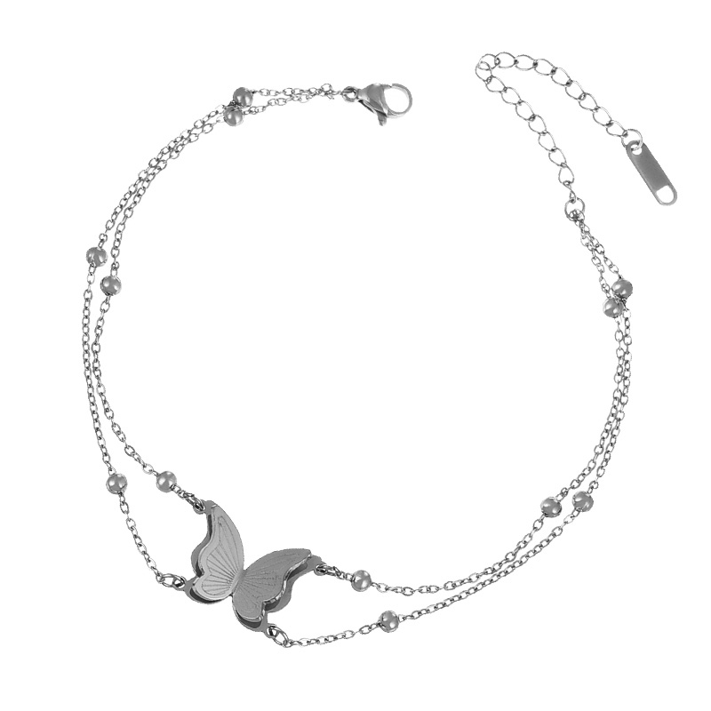 Fashion Silver Titanium Steel Double Layer Butterfly Pendant Bead Bracelet,Bracelets
