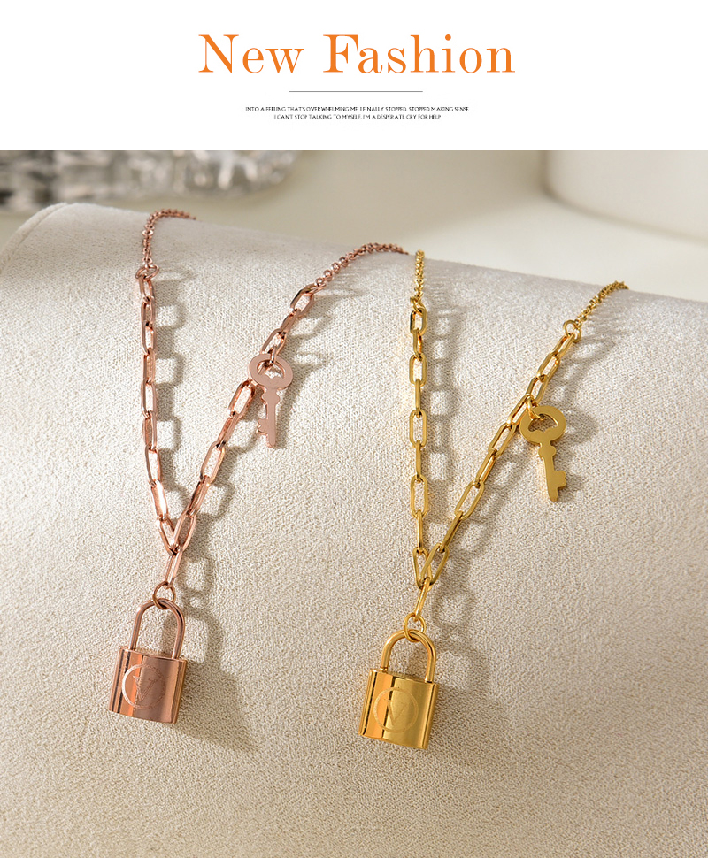 Fashion Rose Gold Titanium Steel Key Lock Pendant Spliced Chain Necklace,Necklaces