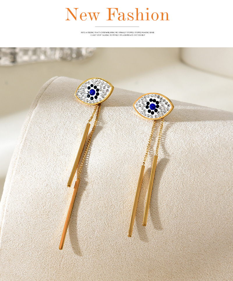 Fashion Gold Titanium Steel Inlaid Zirconium Eye Pendant Tassel Chain Earrings,Earrings