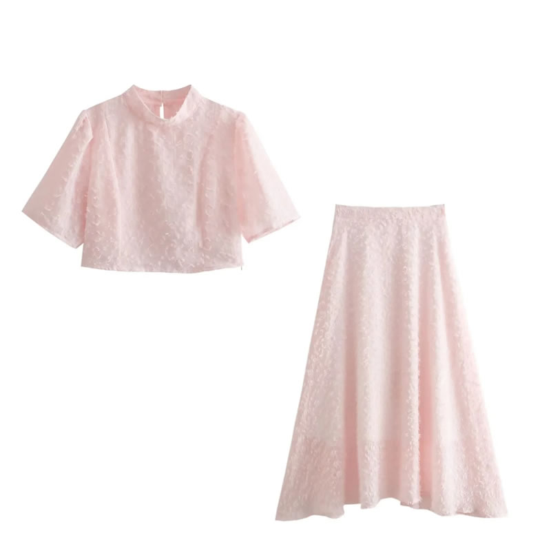 Fashion Pink Polyester Brushed Short-sleeved Skirt Suit,T-shirts
