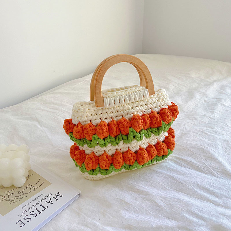 Fashion Bean Paste Powder [finished Product] Wool Woven Flower Handbag,Handbags