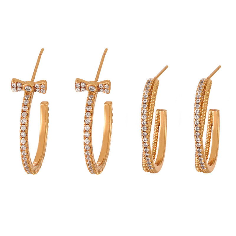 Fashion Copper Inlaid Zirconia Copper Set Zircon C-shaped Cross Earrings,Earrings