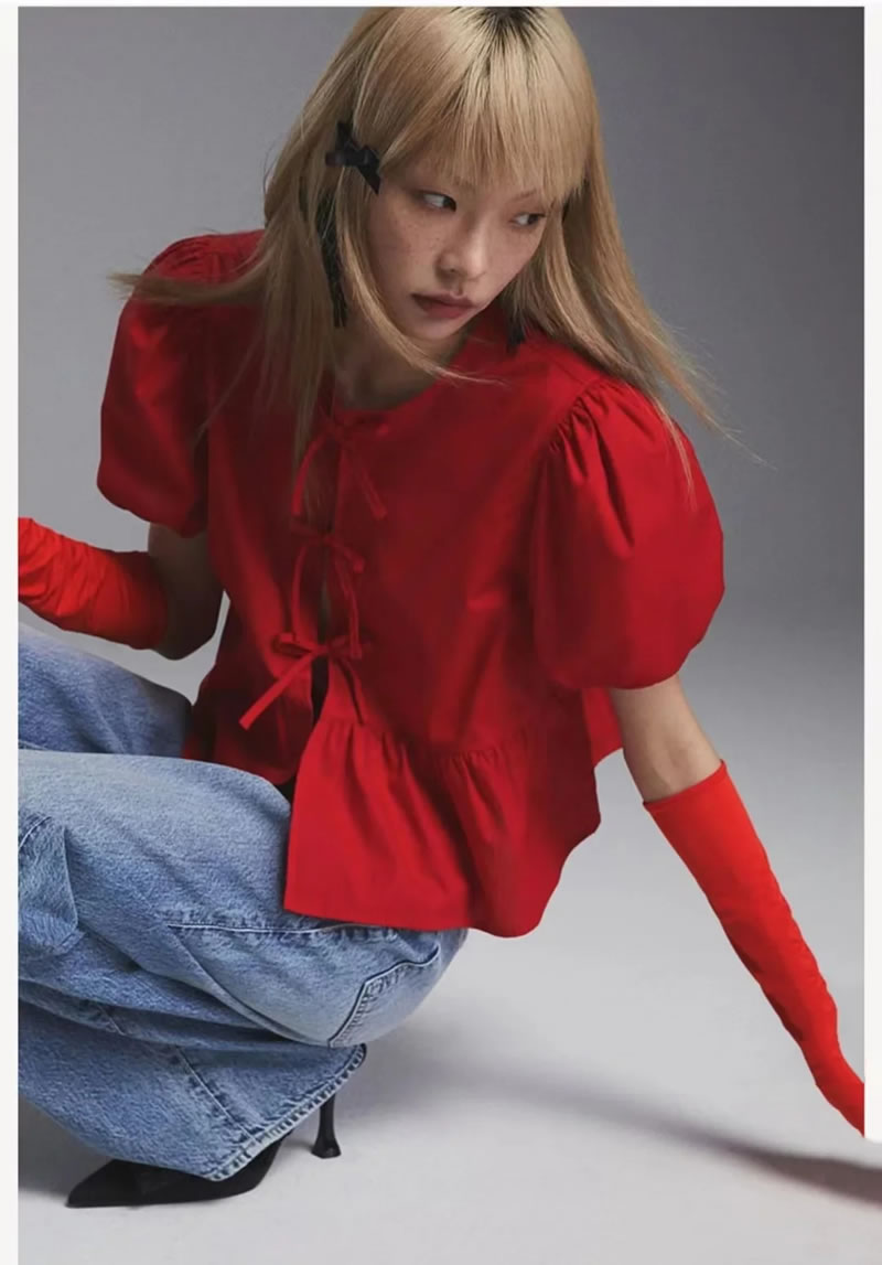 Fashion Red Woven Puff-sleeve Lace-up Top,T-shirts