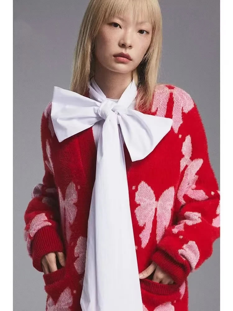 Fashion Red Knitted Jacquard Breasted Cardigan,Coat-Jacket