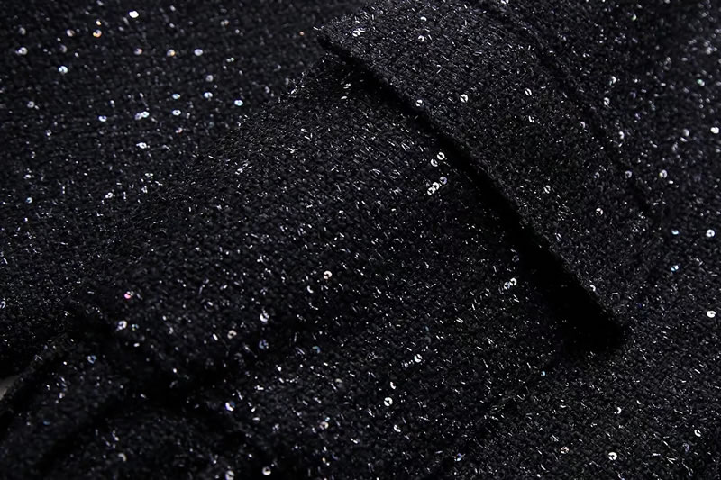 Fashion Black Sequined Stand-collar Double-pocket Jacket,Coat-Jacket