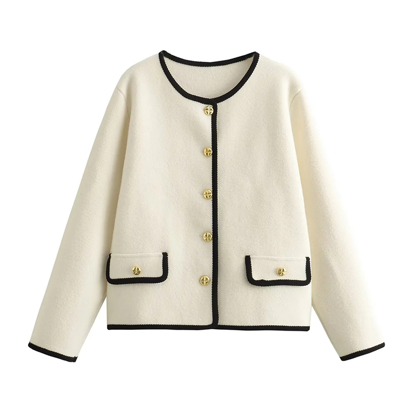 Fashion Black Round Neck Contrasting Edge Knitted Jacket,Coat-Jacket