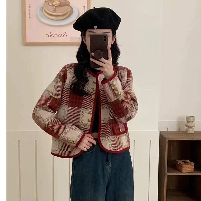 Fashion Red Plaid Knitted Buttoned Jacket,Coat-Jacket
