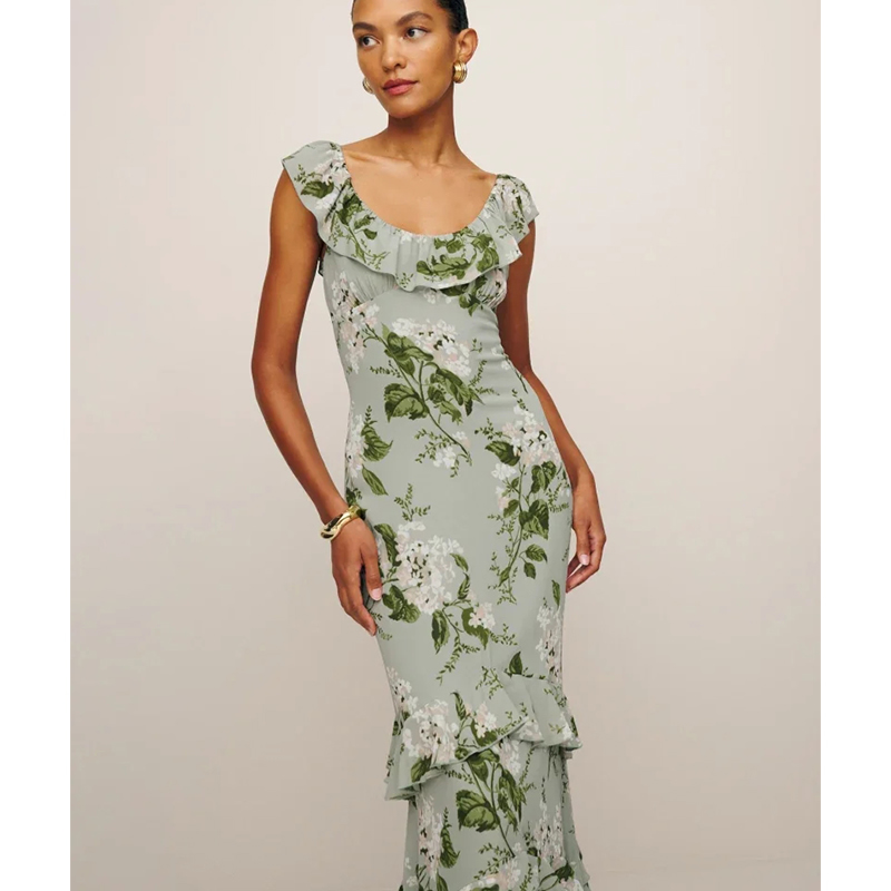 Fashion Green Polyester Printed Layered Suspender Maxi Skirt,Long Dress