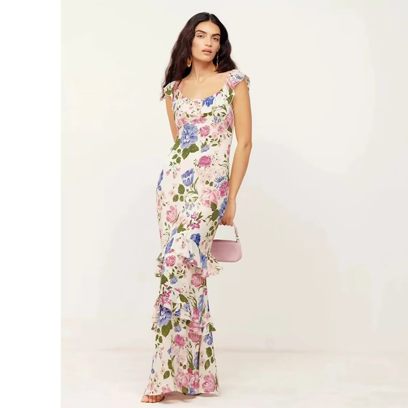 Fashion Color Cotton Printed Tiered Maxi Skirt,Long Dress