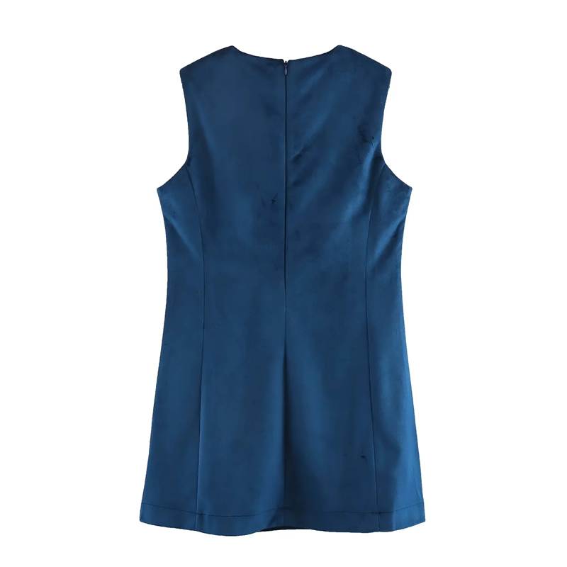 Fashion Blue Velvet Sleeveless Crew Neck Skirt,Mini & Short Dresses
