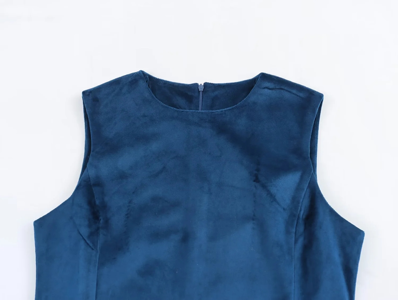 Fashion Blue Velvet Sleeveless Crew Neck Skirt,Mini & Short Dresses