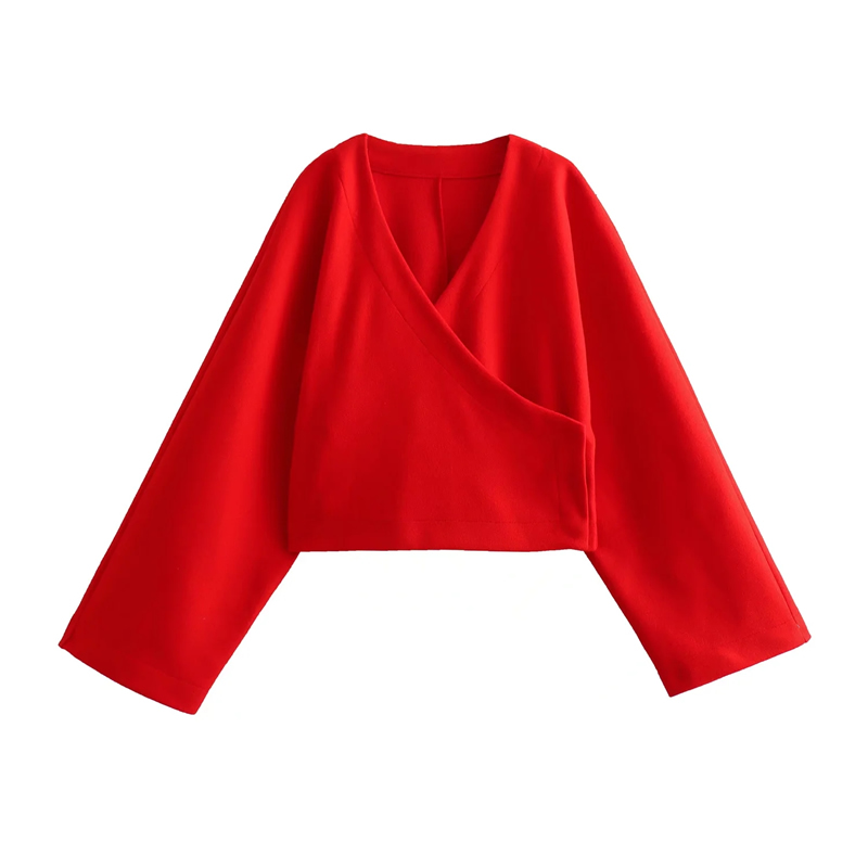 Fashion Bright Red Polyester V-neck Top,T-shirts
