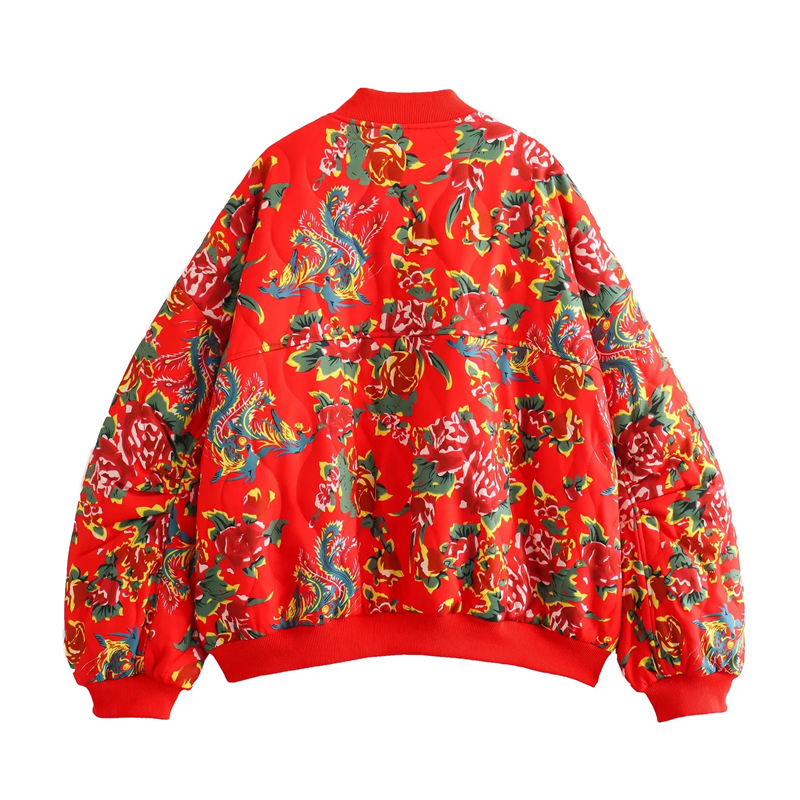 Fashion Bright Red Polyester Printed Stand Collar Jacket With Pockets,Coat-Jacket