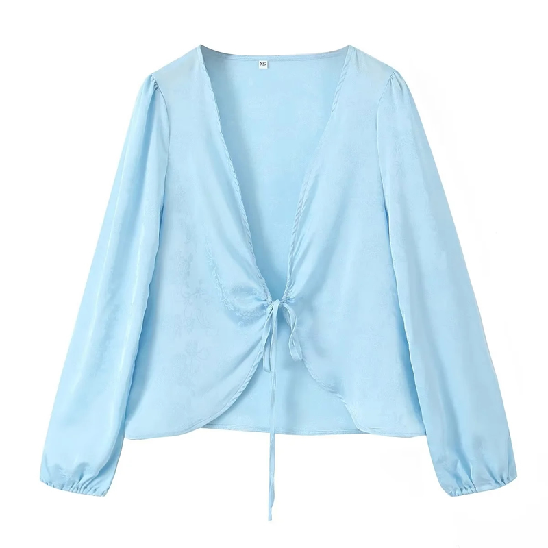 Fashion Sky Blue Polyester Jacquard Lace-up Shirt,Blouses