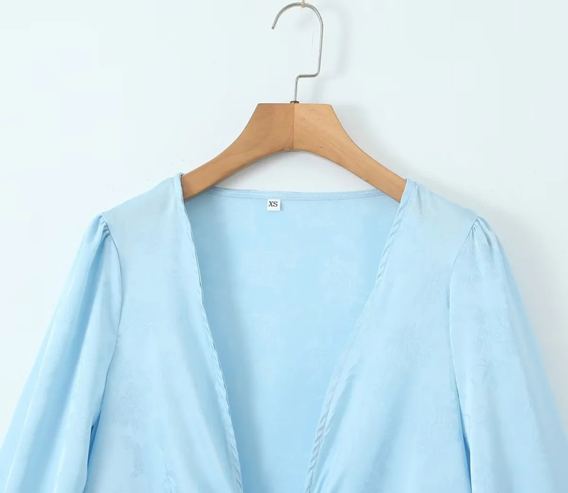 Fashion Sky Blue Polyester Jacquard Lace-up Shirt,Blouses