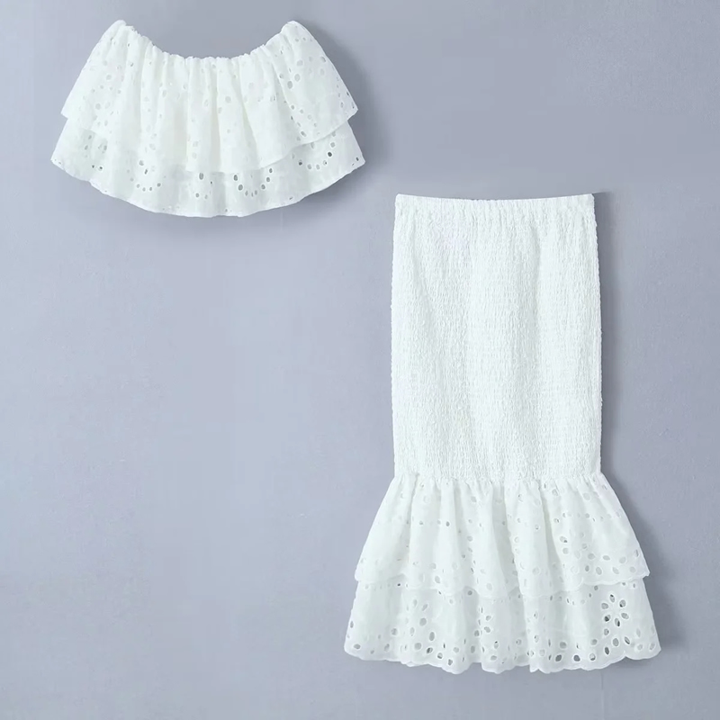 Fashion White Polyester Embroidered Layered Top Fishtail Skirt Suit,Other Tops